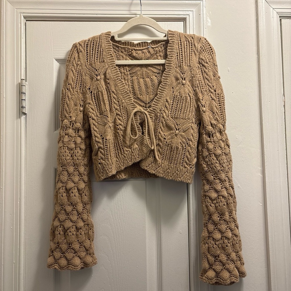 Cropped Beige Knit Tie-Front Sweater